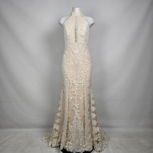 Lace Wedding Dress Nude Illusion Halter Mermaid Gown Size 10