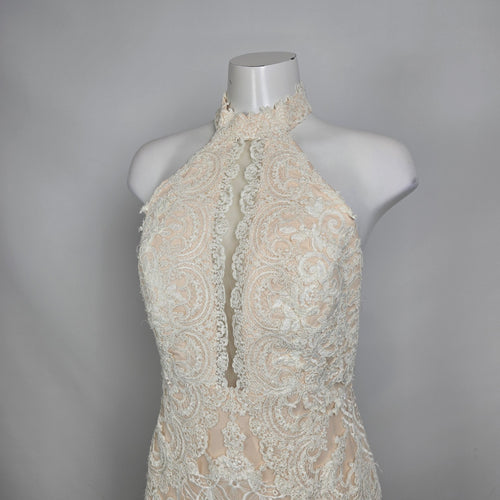 Lace Wedding Dress Nude Illusion Halter Mermaid Gown Size 10