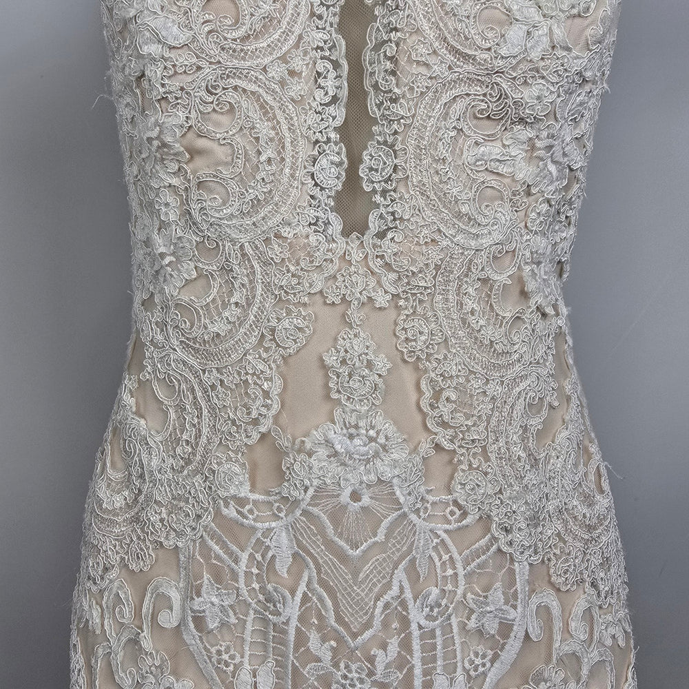 Lace Wedding Dress Nude Illusion Halter Mermaid Gown Size 10