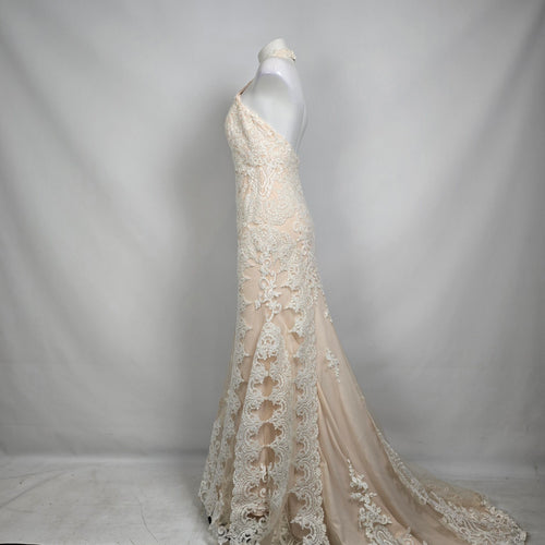 Lace Wedding Dress Nude Illusion Halter Mermaid Gown Size 10