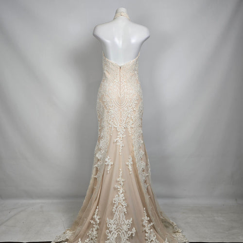 Lace Wedding Dress Nude Illusion Halter Mermaid Gown Size 10