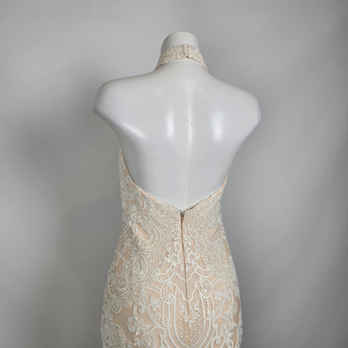 Lace Wedding Dress Nude Illusion Halter Mermaid Gown Size 10