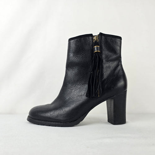 Lauren Ralph Lauren Black Leather Ankle Boots Tassel Zip Block Heel Size 7.5