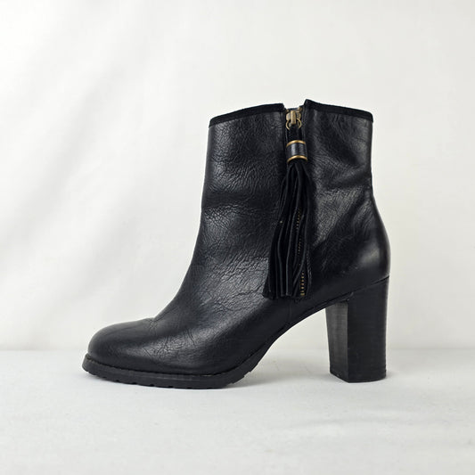 Lauren Ralph Lauren Black Leather Ankle Boots Tassel Zip Block Heel Size 7.5