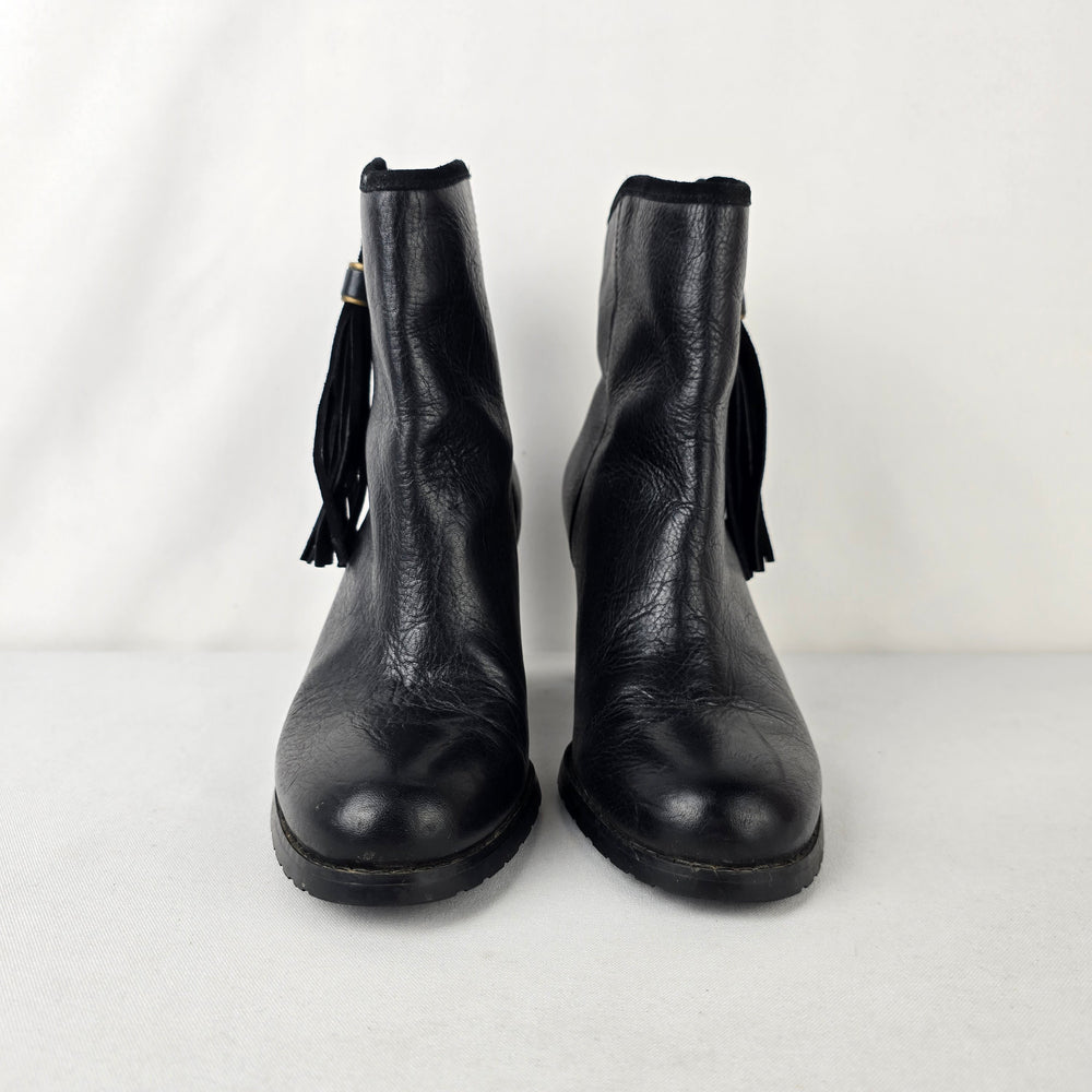 Lauren Ralph Lauren Black Leather Ankle Boots Tassel Zip Block Heel Size 7.5