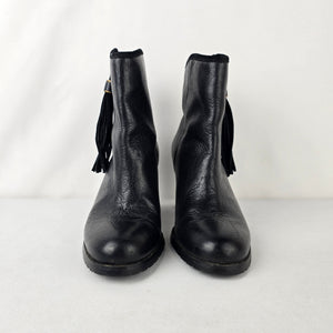 Lauren Ralph Lauren Black Leather Ankle Boots Tassel Zip Block Heel Size 7.5