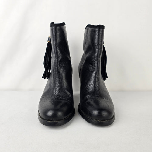 Lauren Ralph Lauren Black Leather Ankle Boots Tassel Zip Block Heel Size 7.5