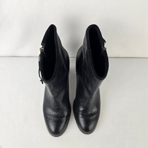 Lauren Ralph Lauren Black Leather Ankle Boots Tassel Zip Block Heel Size 7.5