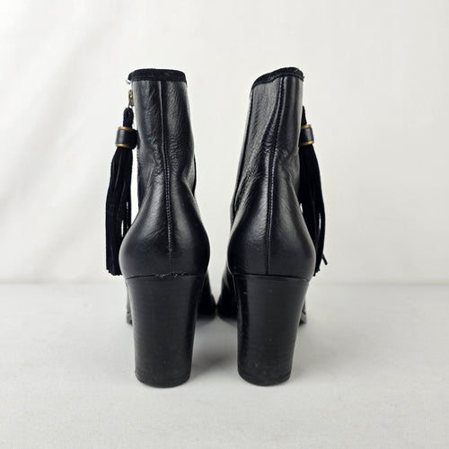 Lauren Ralph Lauren Black Leather Ankle Boots Tassel Zip Block Heel Size 7.5