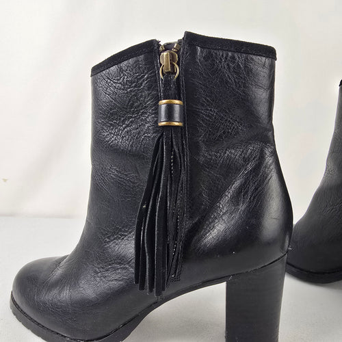 Lauren Ralph Lauren Black Leather Ankle Boots Tassel Zip Block Heel Size 7.5
