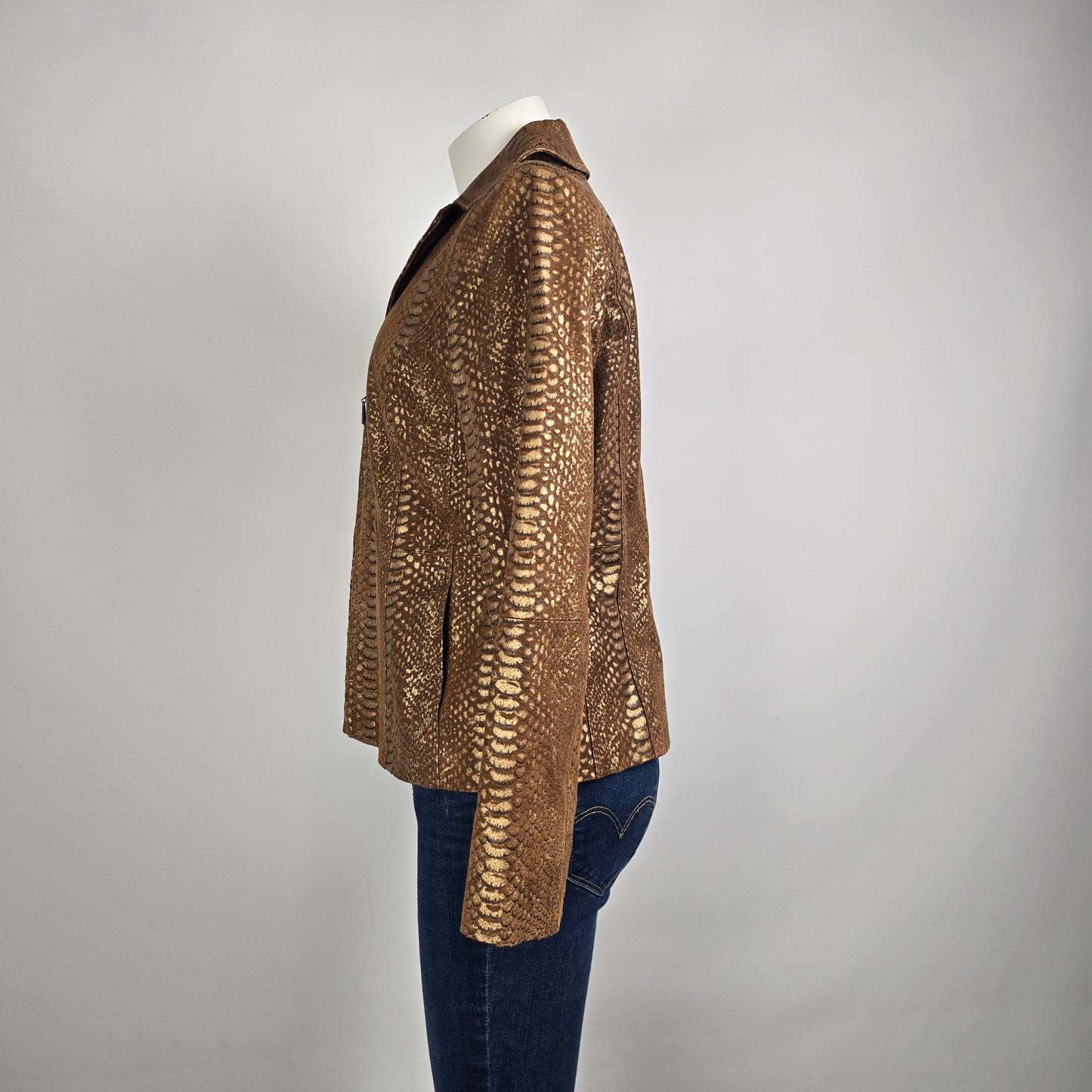Guillaume Bronze Snakeskin Leather Jacket Size M Metallic Textured Zip Front