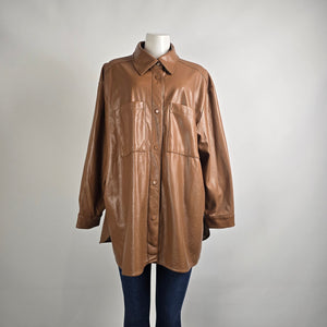 Maison Cinqcent Faux Leather Shacket 3X Tan Oversized Button Front Jacket