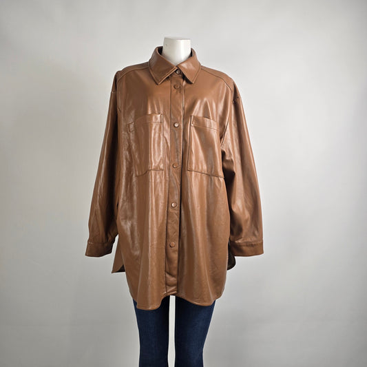 Maison Cinqcent Faux Leather Shacket 3X Tan Oversized Button Front Jacket