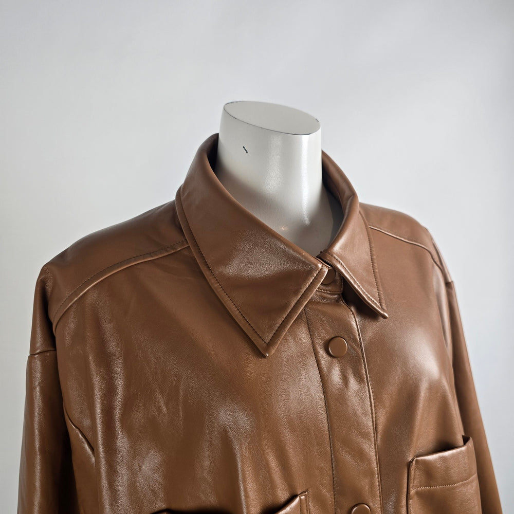 Maison Cinqcent Faux Leather Shacket 3X Tan Oversized Button Front Jacket