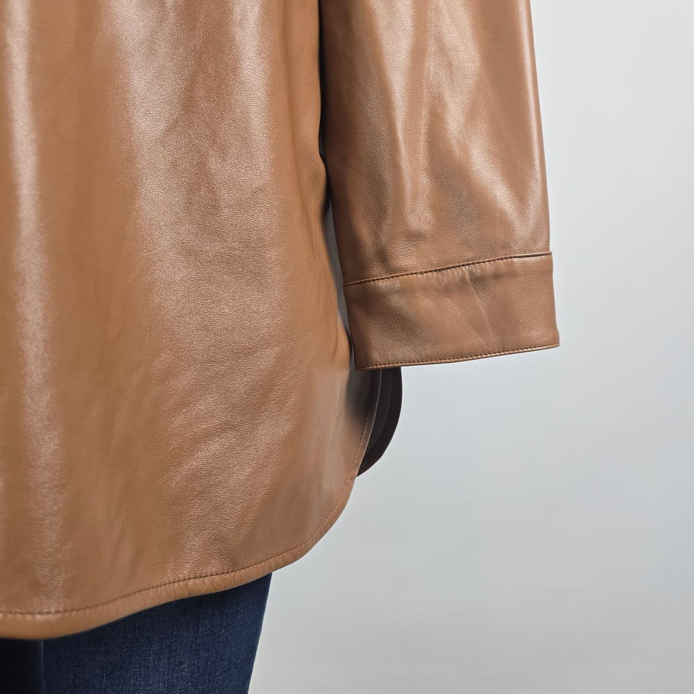 Maison Cinqcent Faux Leather Shacket 3X Tan Oversized Button Front Jacket