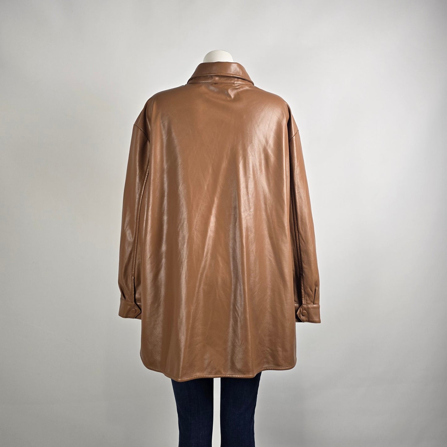 Maison Cinqcent Faux Leather Shacket 3X Tan Oversized Button Front Jacket