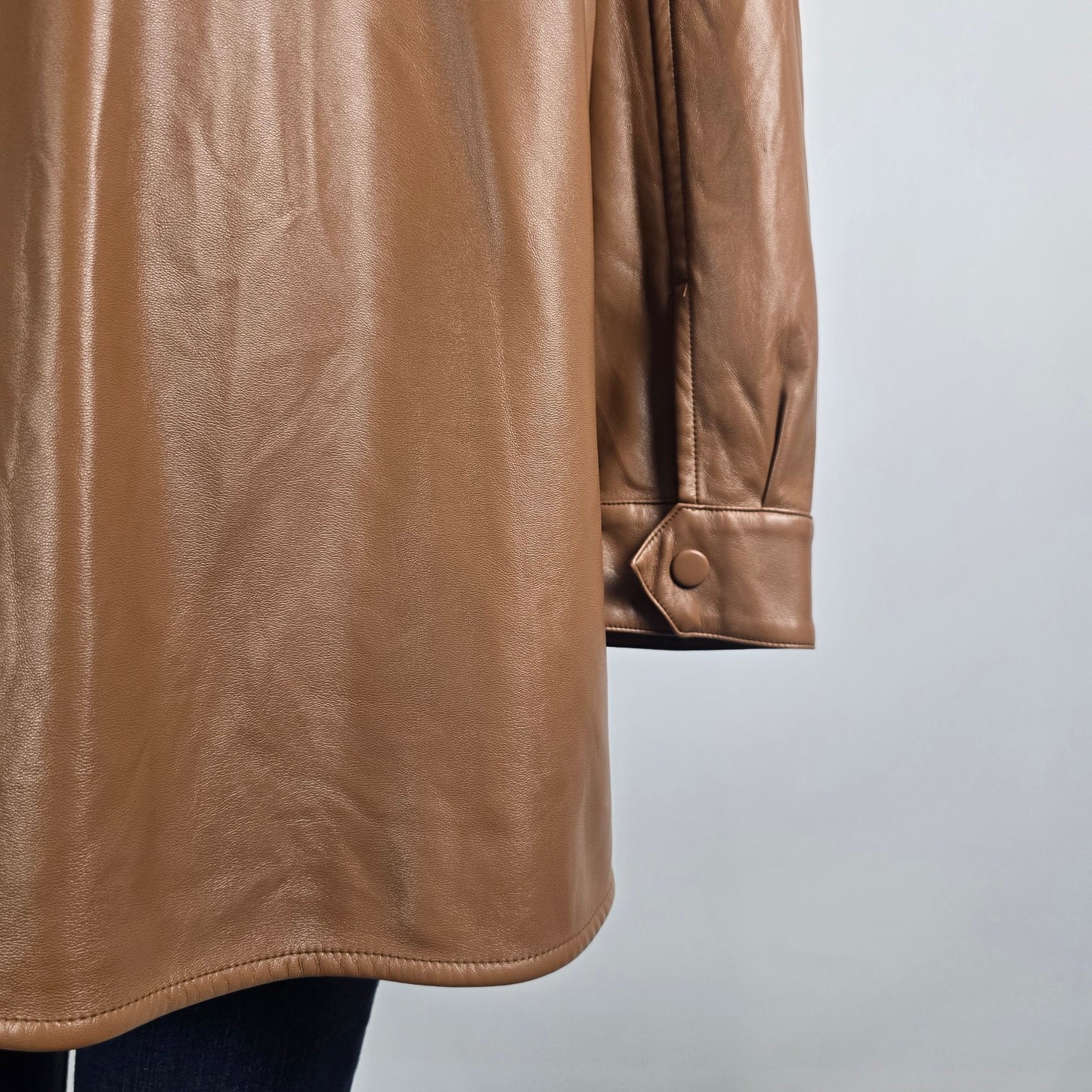 Maison Cinqcent Faux Leather Shacket 3X Tan Oversized Button Front Jacket