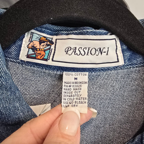 Vintage Passion-1 Denim Jacket Size L Tribal Embroidered Zip Front