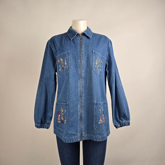 Vintage Passion-1 Denim Jacket Size L Tribal Embroidered Zip Front