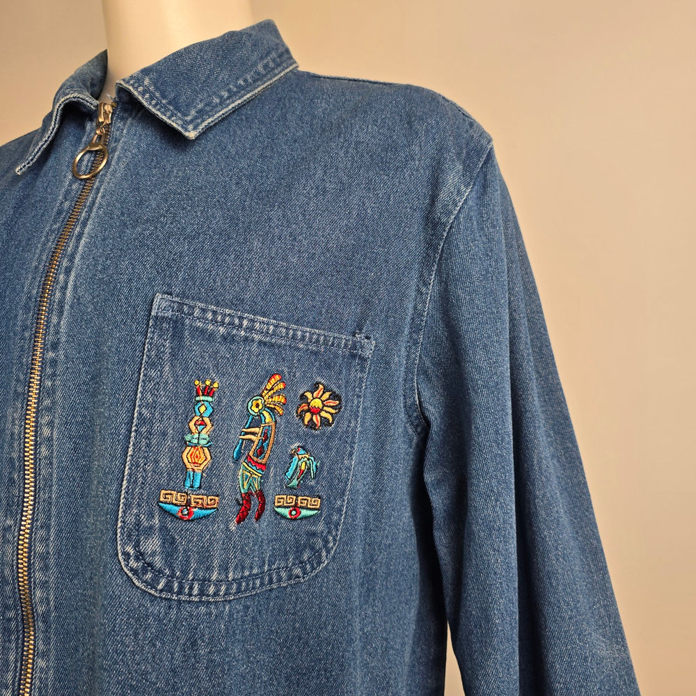 Vintage Passion-1 Denim Jacket Size L Tribal Embroidered Zip Front