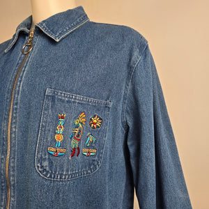 Vintage Passion-1 Denim Jacket Size L Tribal Embroidered Zip Front