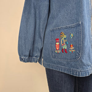 Vintage Passion-1 Denim Jacket Size L Tribal Embroidered Zip Front
