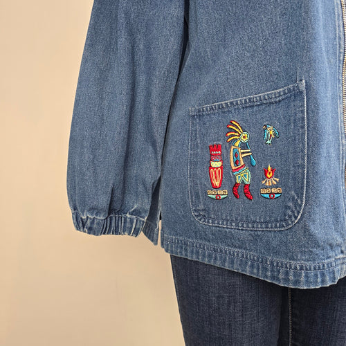 Vintage Passion-1 Denim Jacket Size L Tribal Embroidered Zip Front