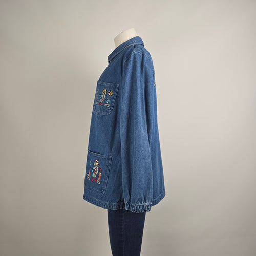 Vintage Passion-1 Denim Jacket Size L Tribal Embroidered Zip Front