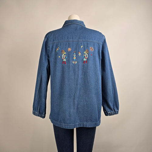 Vintage Passion-1 Denim Jacket Size L Tribal Embroidered Zip Front