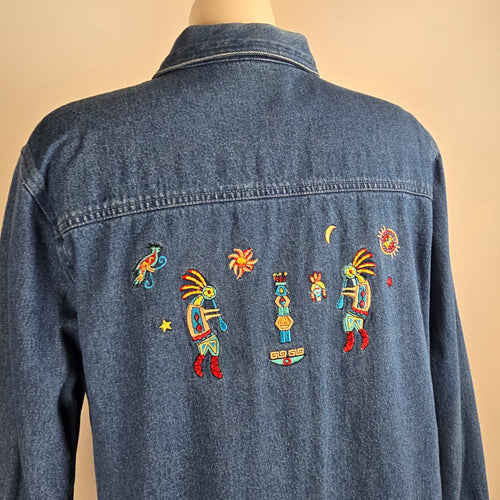 Vintage Passion-1 Denim Jacket Size L Tribal Embroidered Zip Front