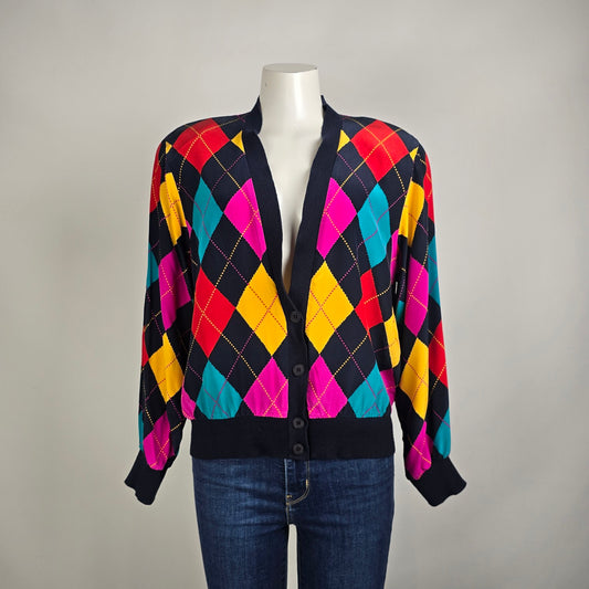 Vintage Silk Colorful Bomber Jacket Size M/L Harlequin Diamond Print Retro
