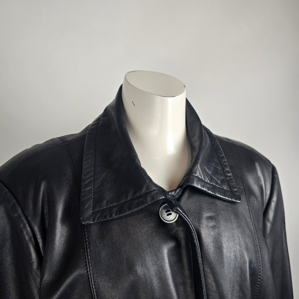 Vintage Danier Black Leather Coat Size XL Genuine Leather Mid Length Jacket