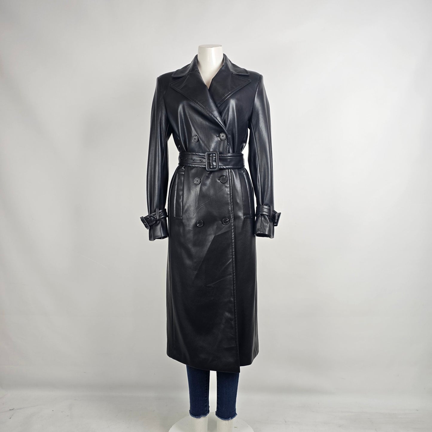 Dynamite Black Faux Leather Trench Coat Belted XS