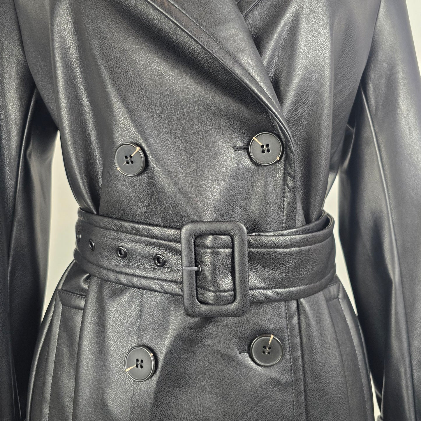 Dynamite Black Faux Leather Trench Coat Belted XS