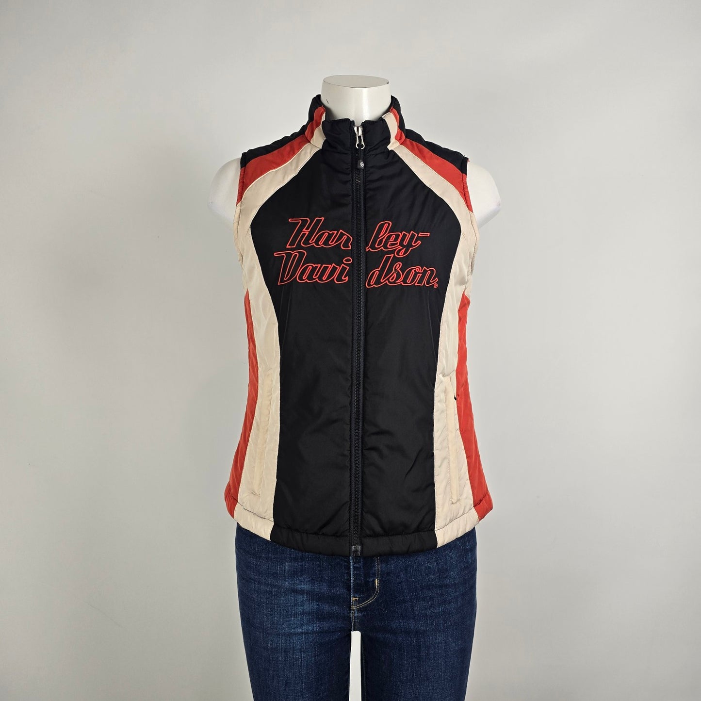 Harley Davidson Moto Vest Embroidered Logo Zip Black Red Size S