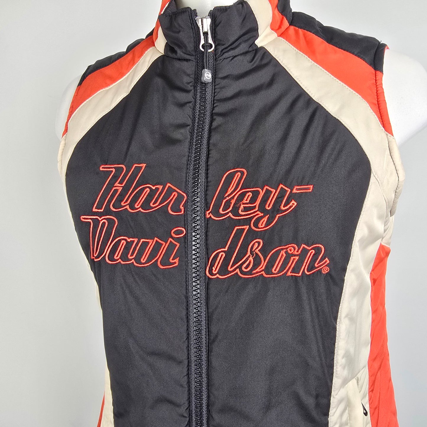 Harley Davidson Moto Vest Embroidered Logo Zip Black Red Size S
