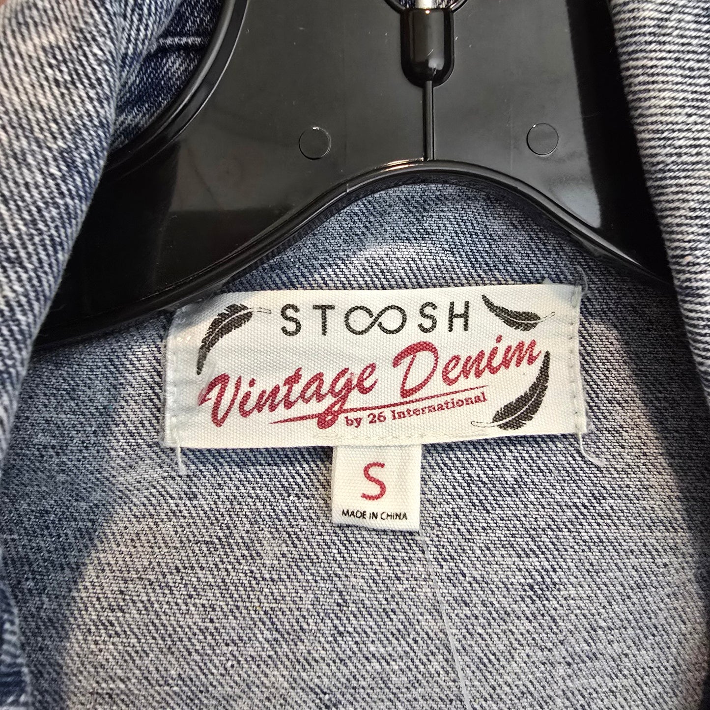 Vintage STOOSH Denim Trench Coat Size S Belted Double Breasted Long Jacket