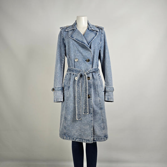 Vintage STOOSH Denim Trench Coat Size S Belted Double Breasted Long Jacket