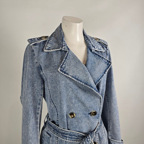 Vintage STOOSH Denim Trench Coat Size S Belted Double Breasted Long Jacket