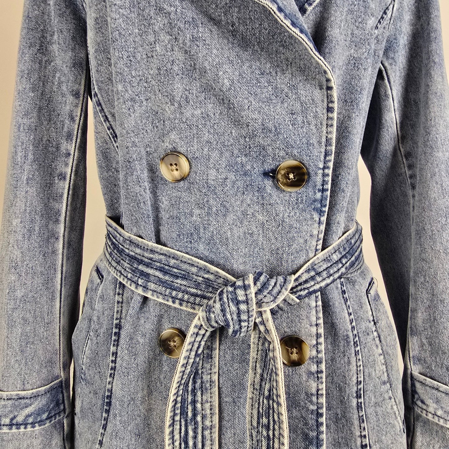 Vintage STOOSH Denim Trench Coat Size S Belted Double Breasted Long Jacket