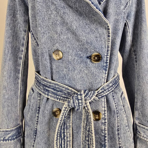 Vintage STOOSH Denim Trench Coat Size S Belted Double Breasted Long Jacket