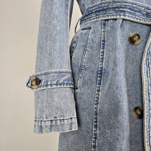 Vintage STOOSH Denim Trench Coat Size S Belted Double Breasted Long Jacket