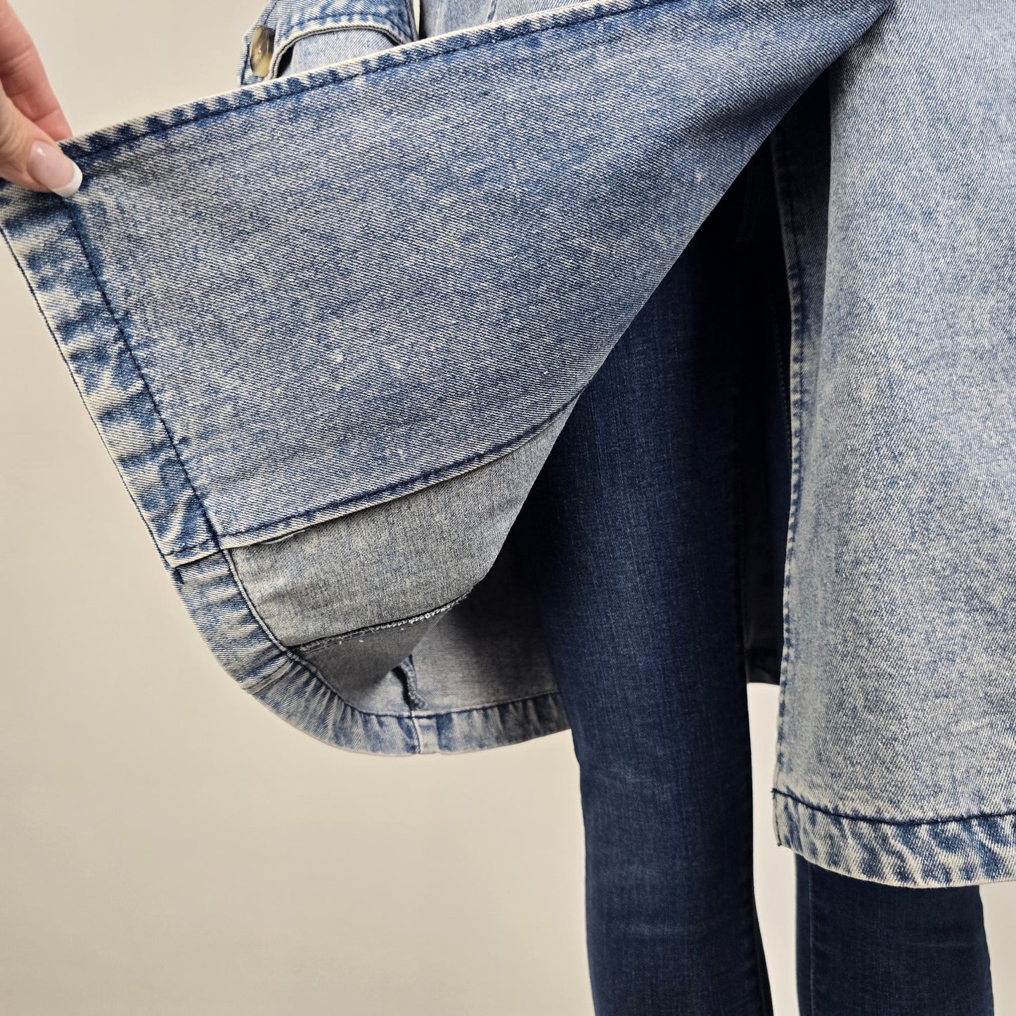 Vintage STOOSH Denim Trench Coat Size S Belted Double Breasted Long Jacket