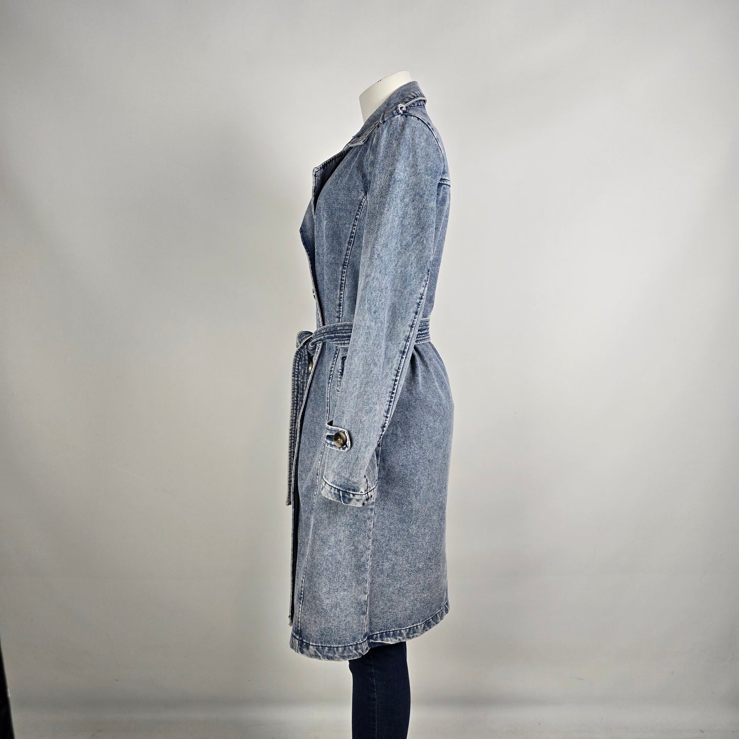 Vintage STOOSH Denim Trench Coat Size S Belted Double Breasted Long Jacket