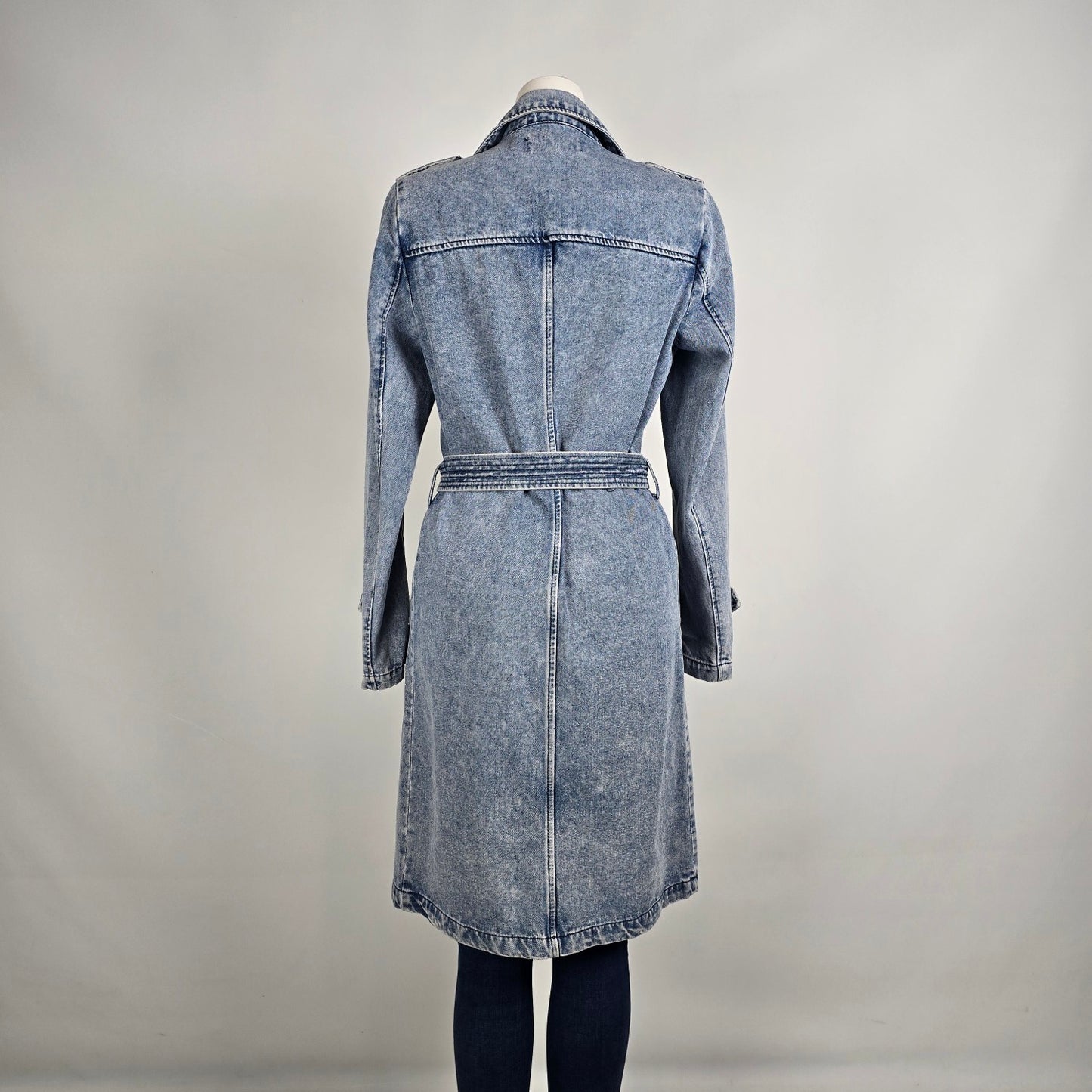 Vintage STOOSH Denim Trench Coat Size S Belted Double Breasted Long Jacket