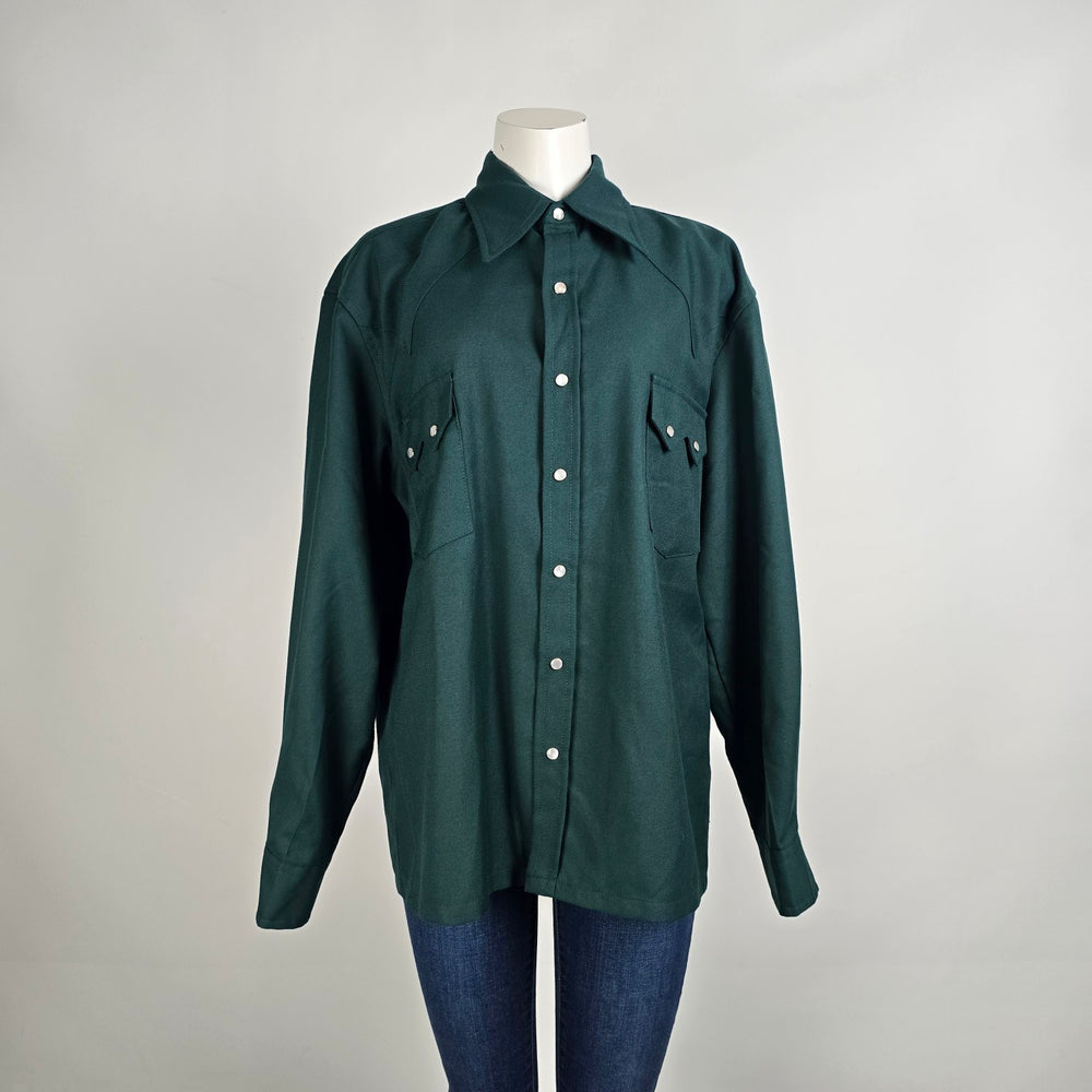 Calberta Western Pearl Snap Size L/XL Green Long Sleeve Vintage Canada Made