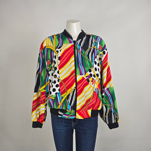Vintage Colorful Bomber Jacket Size L Abstract Print Zip Up Retro Statement