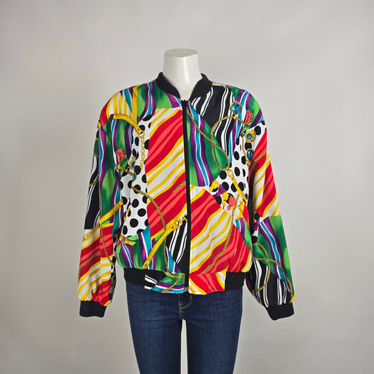 Vintage Colorful Bomber Jacket Size L Abstract Print Zip Up Retro Statement