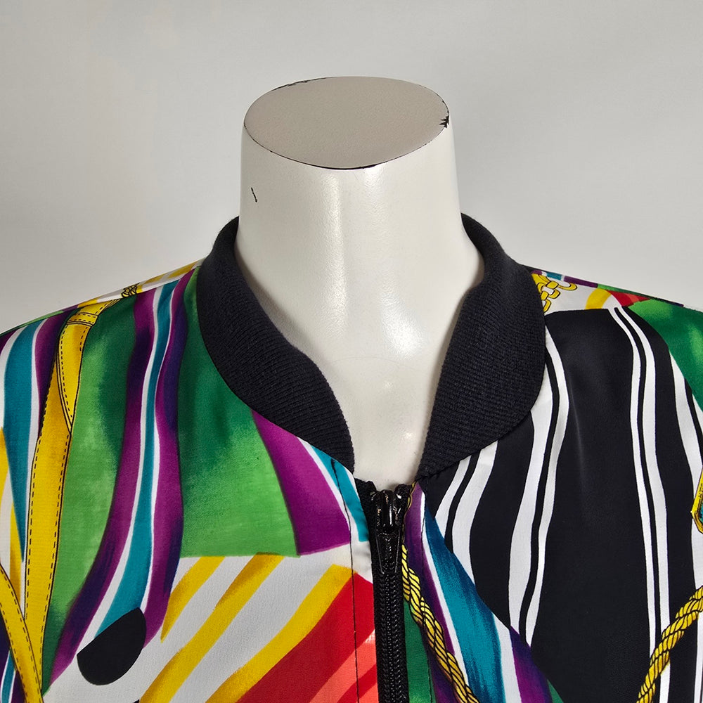 Vintage Colorful Bomber Jacket Size L Abstract Print Zip Up Retro Statement
