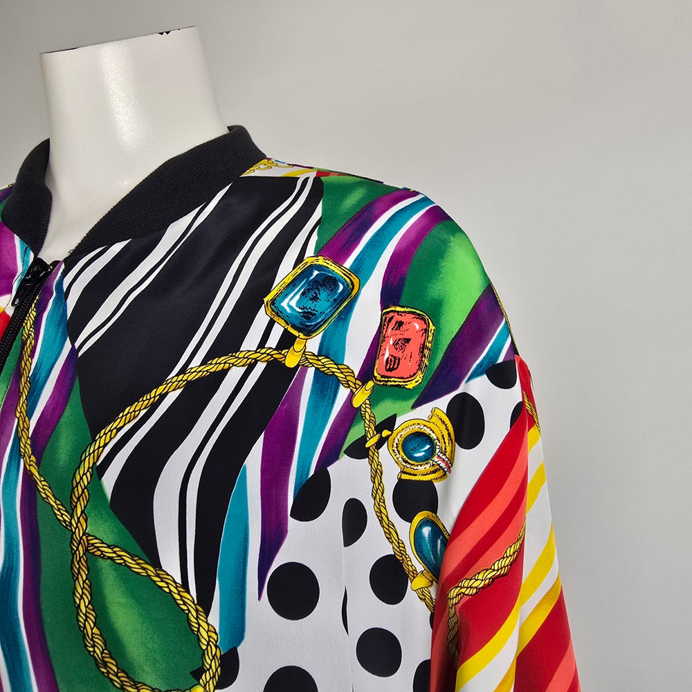 Vintage Colorful Bomber Jacket Size L Abstract Print Zip Up Retro Statement